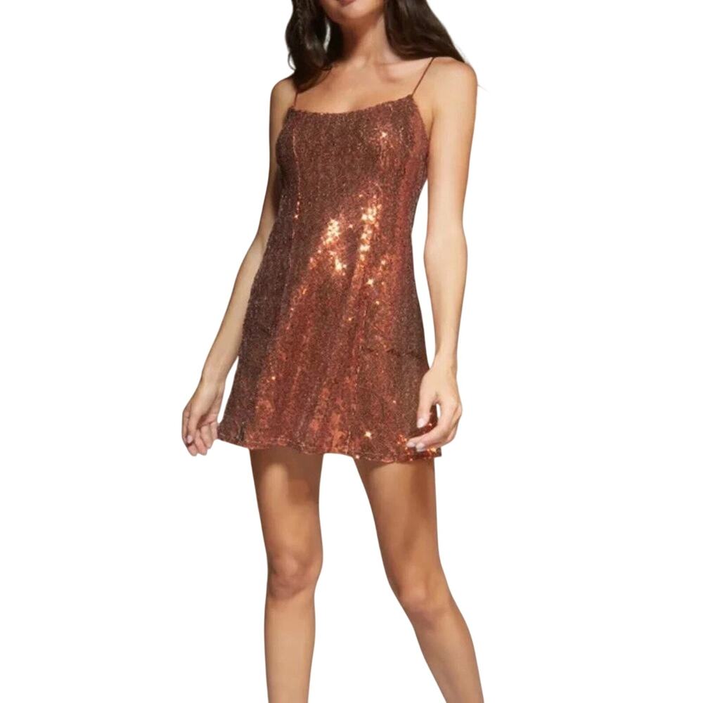 Urban Outfitters Bronze Copper Sequin Mini Dress NWT XS Metallic Glam Y2K Edgy